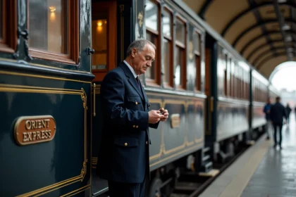Wagon classique de l'Orient Express en gare historique européenne avec un chef de train en uniforme bleu marine