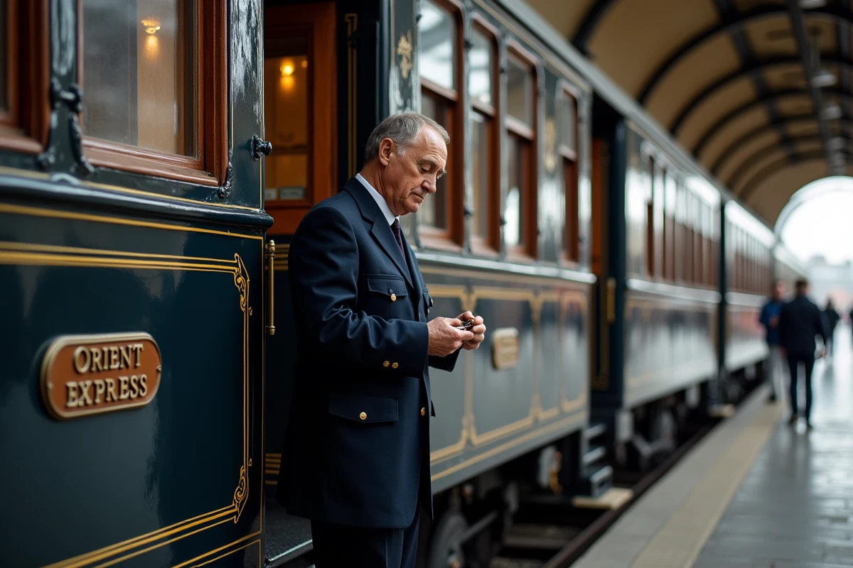 Wagon classique de l'Orient Express en gare historique européenne avec un chef de train en uniforme bleu marine