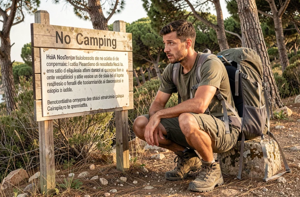 Randonneur français lisant un panneau d'interdiction de camping en Italie au bord d'une forêt côtière méditerranéenne