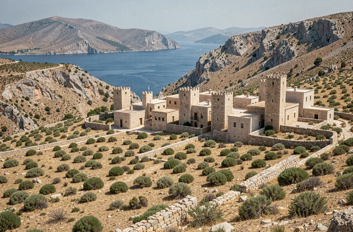 Vue panoramique d'Areopoli et ses maisons-tours en pierre sur les collines arides du Magne face au golfe Laconique