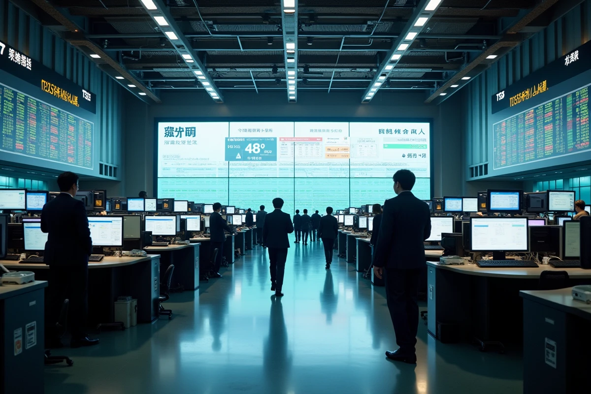 Vue grand angle du parquet de la bourse de Tokyo avec traders et panneaux d'affichage des cours en temps réel
