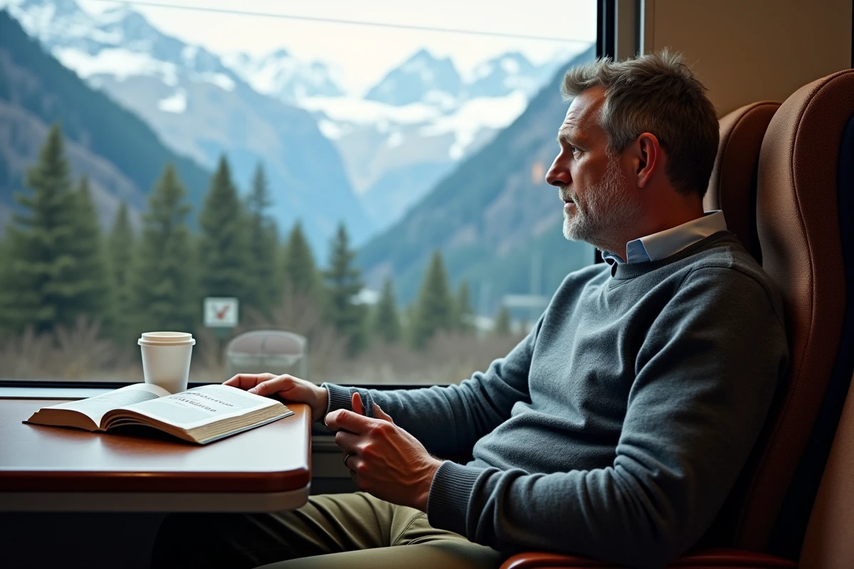 Passager en train admirant le paysage alpin par la fenêtre lors d'un trajet vers Ljubljana