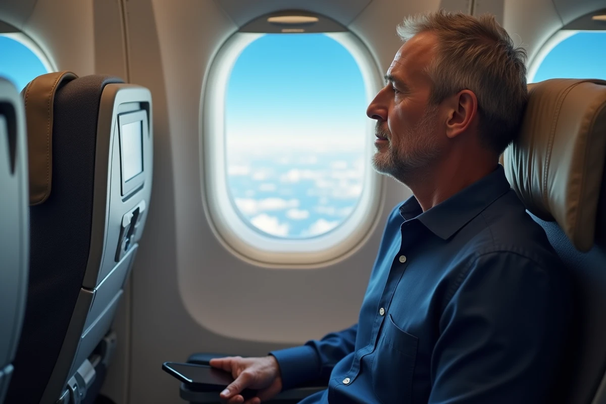 Passager en classe économique regardant par le hublot lors d'un vol long-courrier Réunion Paris