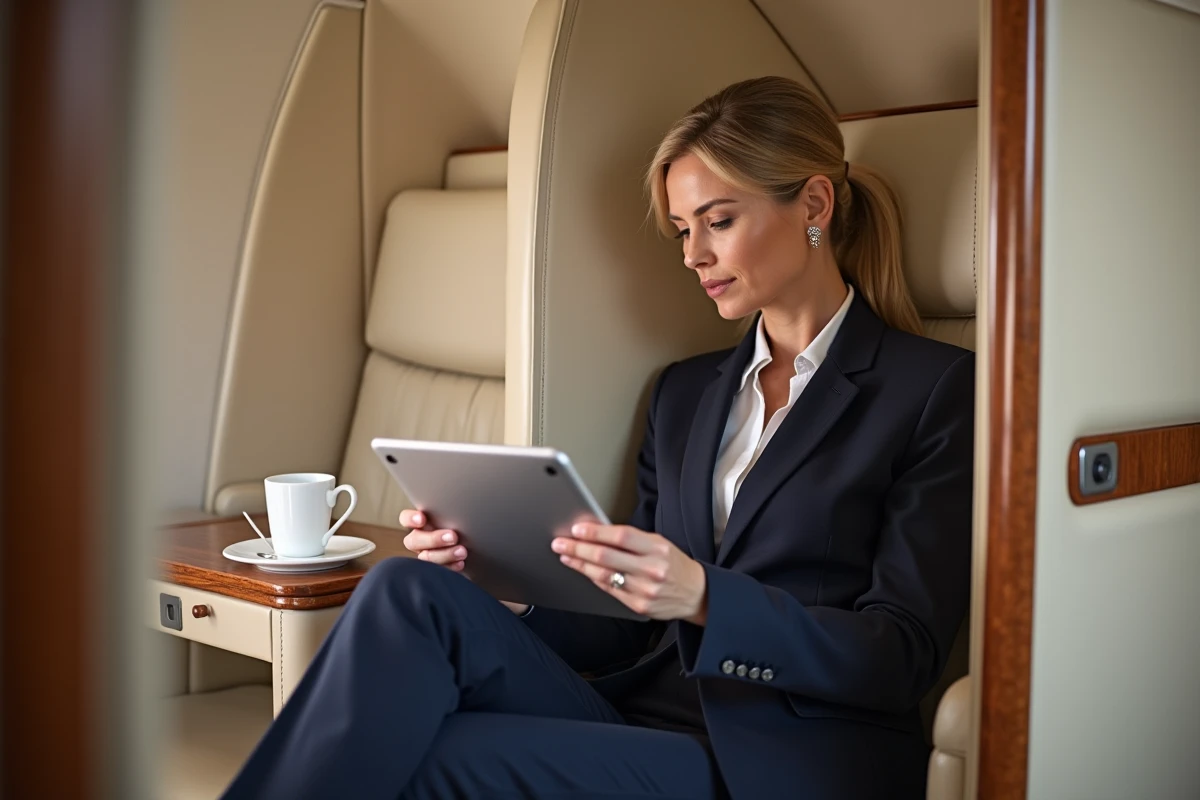 Voyageuse d'affaires installée dans une suite première classe Etihad Airways consultant sa tablette à bord
