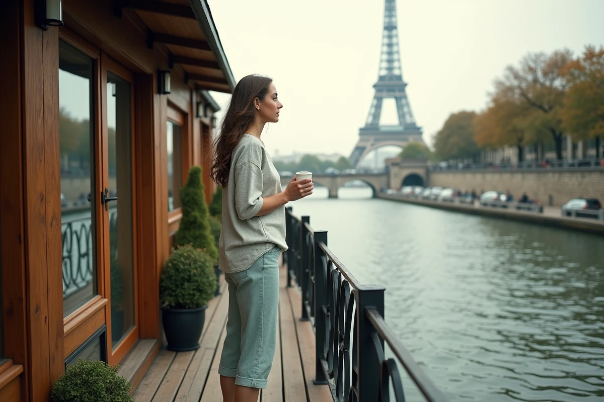 Femme savourant un café sur le pont d'une péniche amarrée sur la Seine à Paris avec la Tour Eiffel en arrière-plan