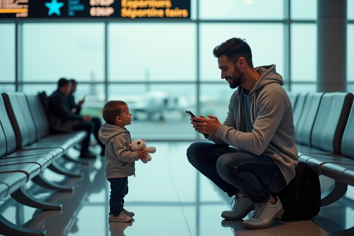 Père et enfant consultant les cartes d'embarquement à la porte de départ d'un aéroport
