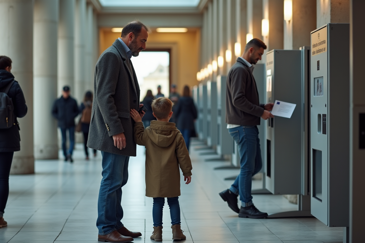 Pere guidant son enfant au photomaton passeport