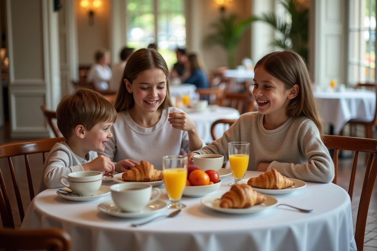 Mère et ses deux enfants prenant le petit-déjeuner dans le restaurant d'un hôtel familial en France