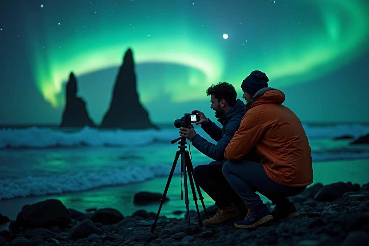 Couple de photographes capturant une aurore boréale sur une côte rocheuse islandaise avec des stacks marins la nuit