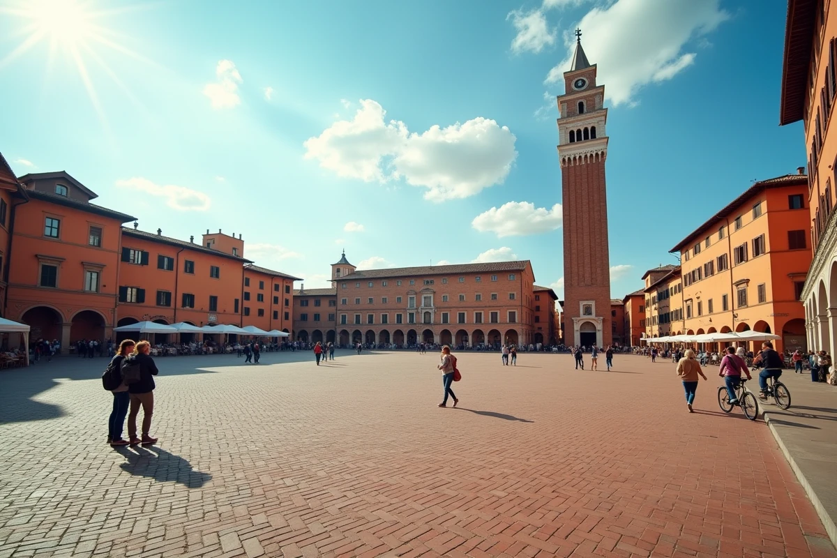 Vue sur la Piazza del Campo de Sienne avec la Torre del Mangia et des touristes consultant un guide