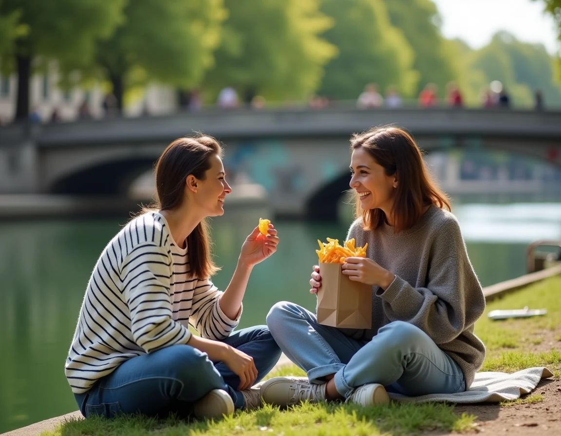 Deux amis pique-niquant au bord du Canal Saint-Martin à Paris lors d'un dimanche ensoleillé