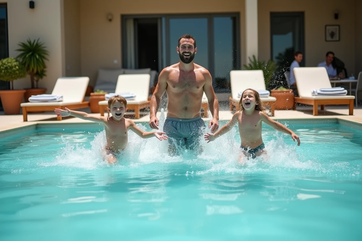 Père jouant avec ses enfants dans la piscine extérieure d'un hôtel familial en France