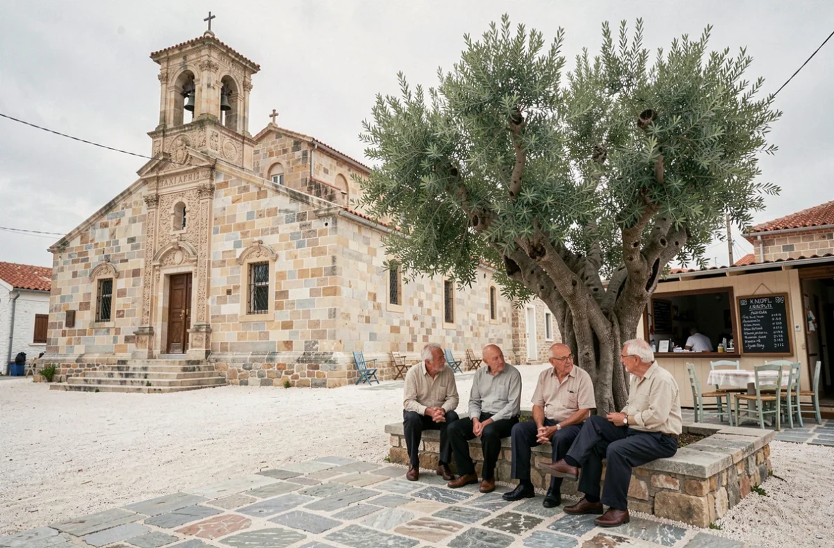 Place centrale d'Areopoli avec l'église Taxiarchis et habitants locaux assis à l'ombre d'un olivier centenaire