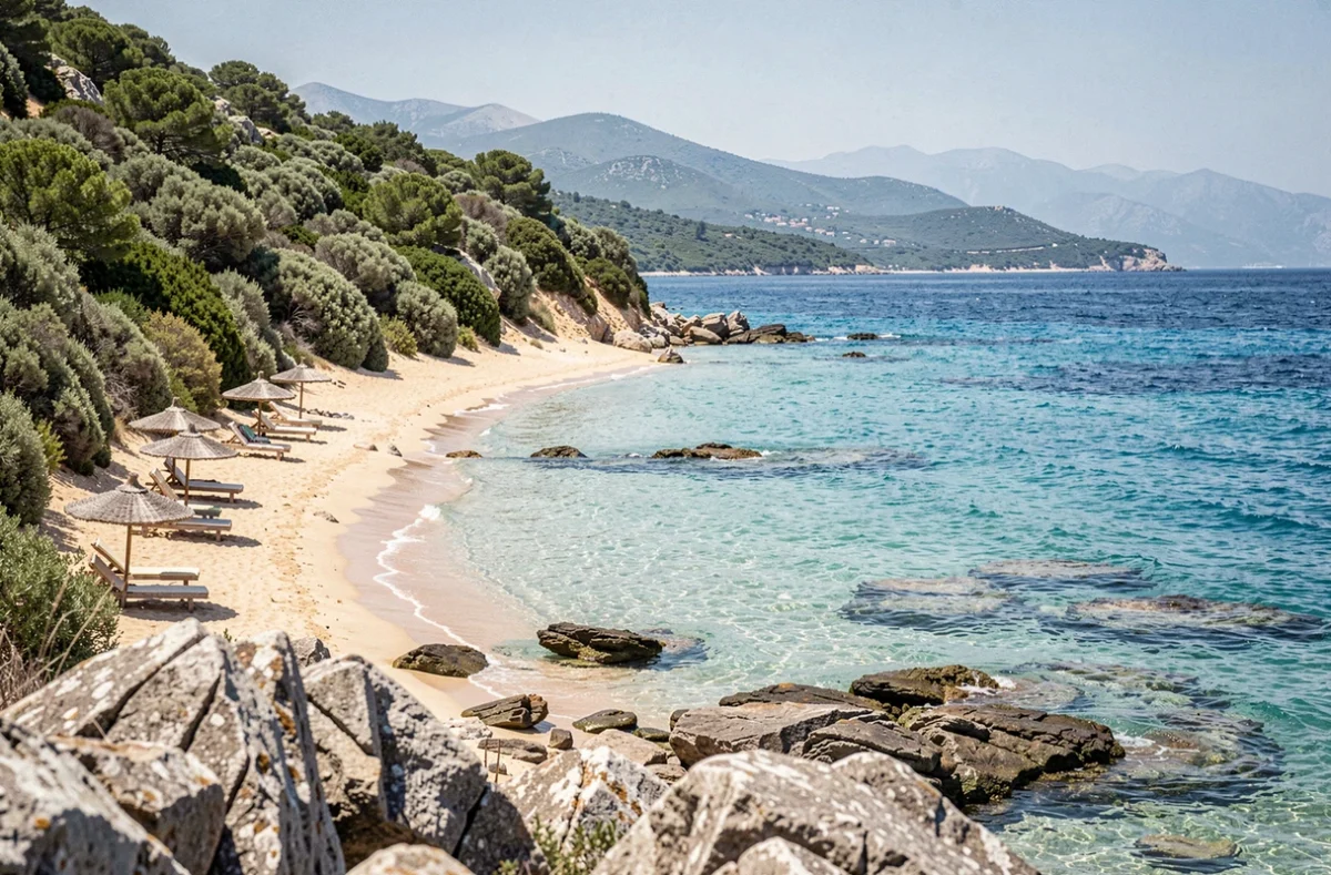 Vue panoramique de la plage de Fautea en Corse avec ses eaux turquoise et le maquis corse en arrière-plan