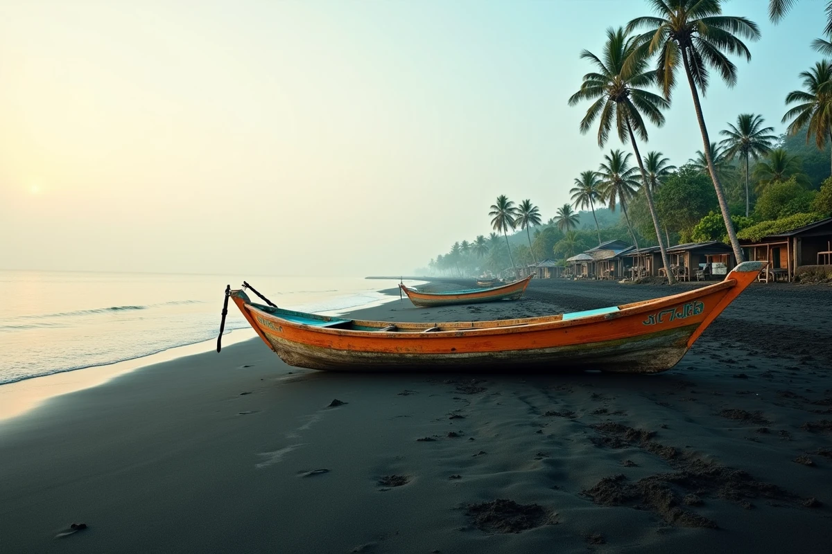 Bateau de pêche traditionnel Jukung sur la plage de sable noir de Lovina à Bali au lever du soleil