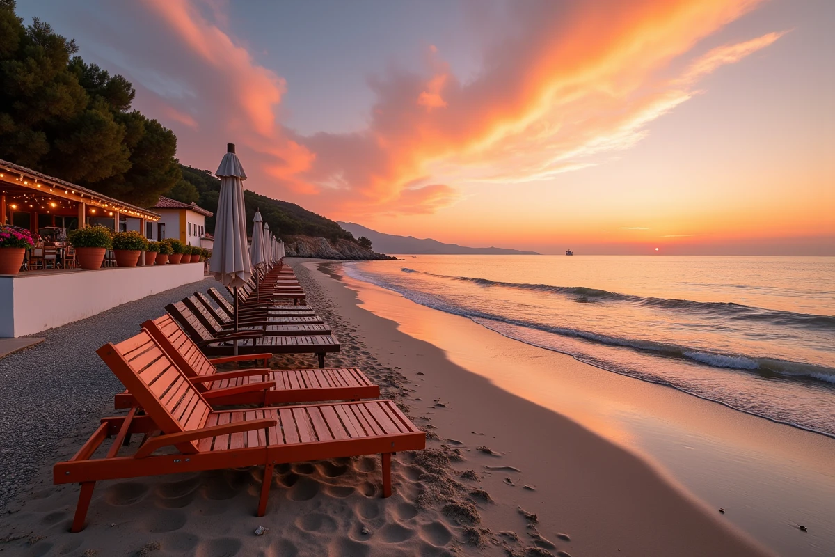 Plage déserte près d'Héraklion au coucher de soleil avec reflets colorés sur le sable mouillé et terrasse de taverne en arrière-plan