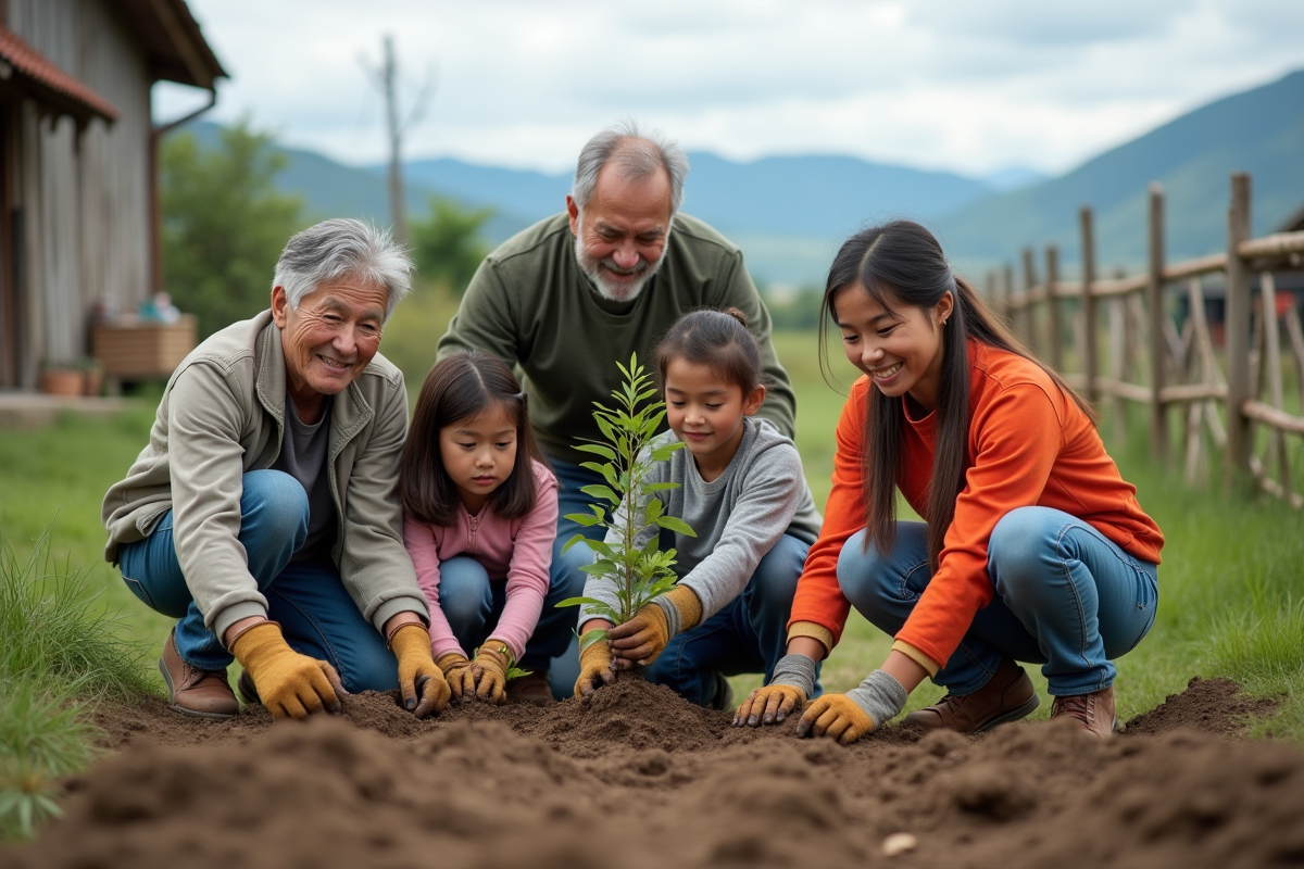 Famille plantant des arbres dans un village rural
