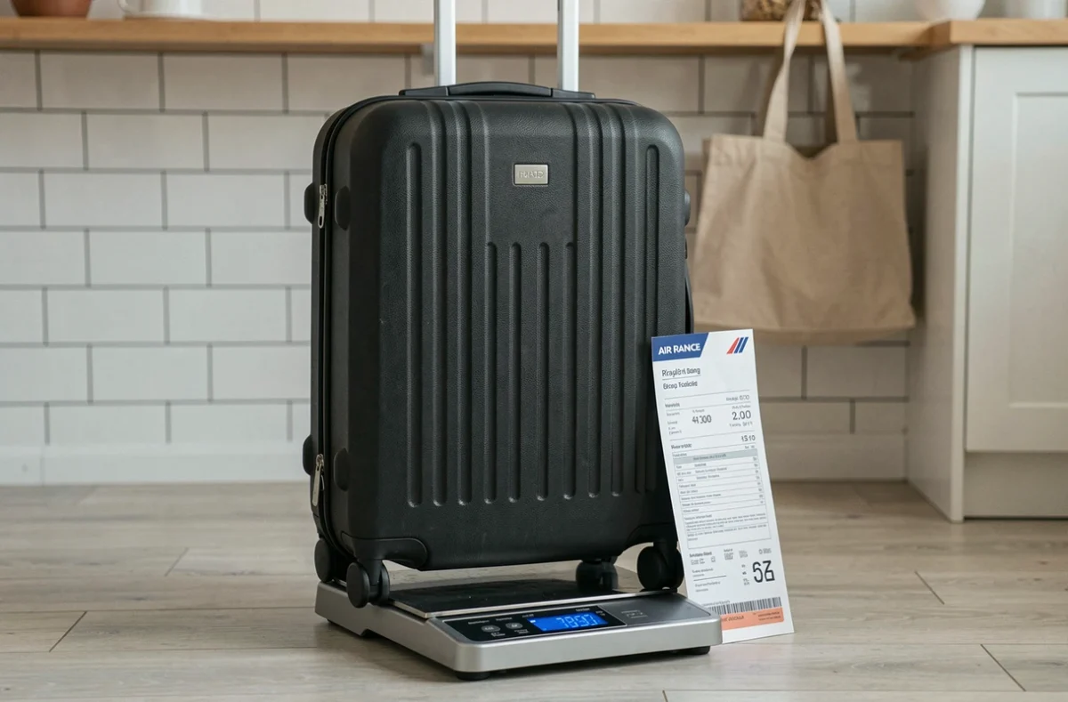 Valise classique posée sur une balance numérique avec une carte d'embarquement et les règles bagages Air France imprimées