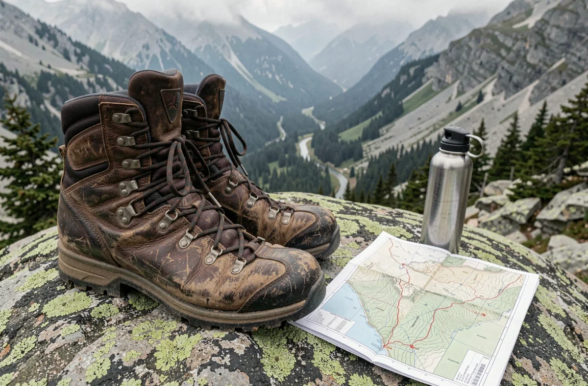 Détail de chaussures de randonnée et carte topographique sur un rocher à la Pointe de Kadoran avec vue sur la vallée alpine