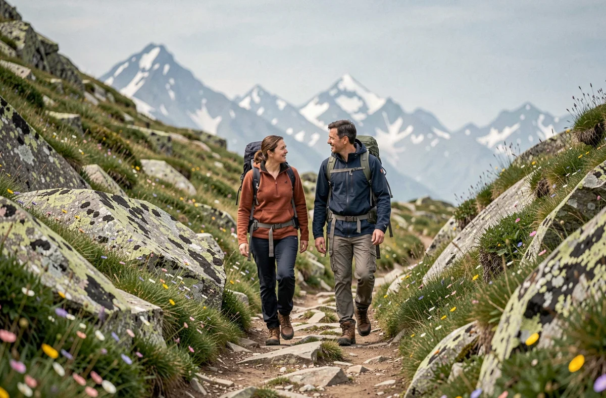 Deux randonneurs sur un sentier sauvage menant à la Pointe de Kadoran entourés de paysages alpins préservés