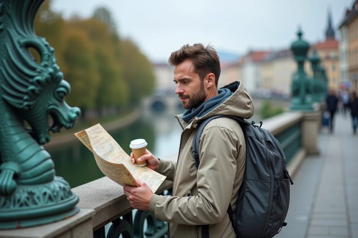 Voyageur consultant une carte sur le Pont aux Dragons à Ljubljana lors d'un séjour économique en Slovénie