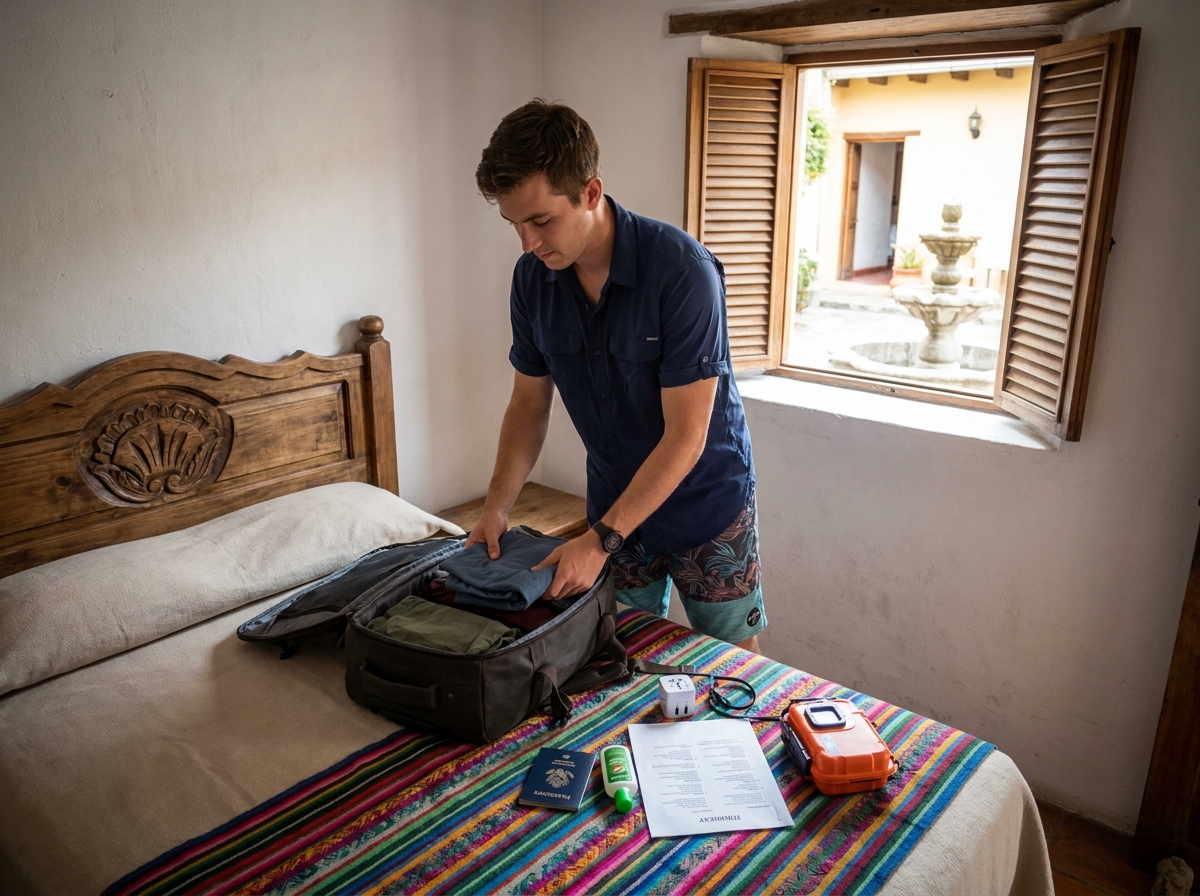 Jeune voyageur préparant son sac à dos pour un séjour au Costa Rica dans une chambre d'hôtel boutique