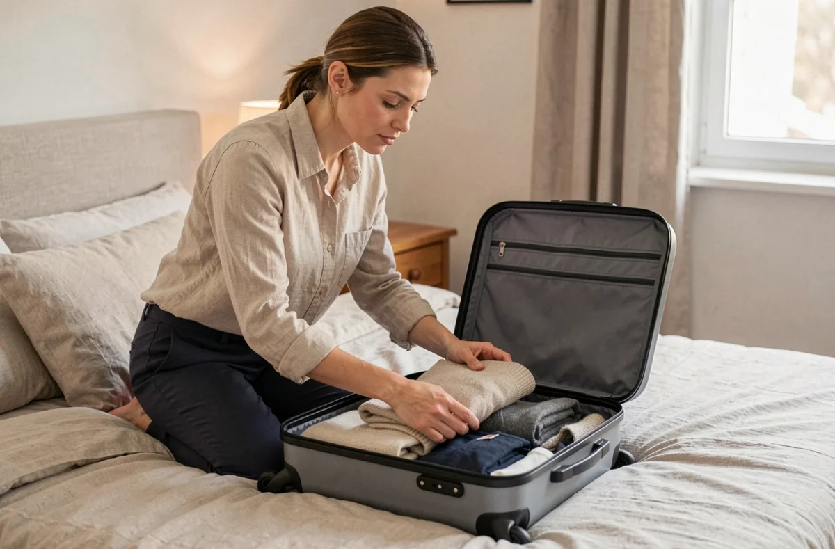 Femme préparant une valise cabine avec des vêtements soigneusement pliés et roulés pour optimiser l'espace