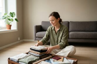 Femme préparant sa valise pour un long week-end à l'étranger dans un salon scandinave épuré