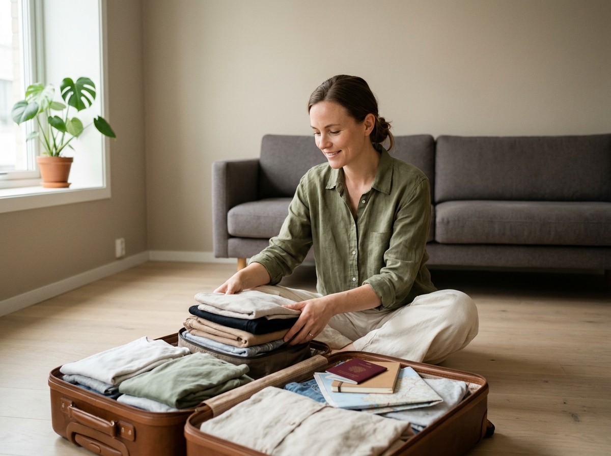 Femme préparant sa valise pour un long week-end à l'étranger dans un salon scandinave épuré