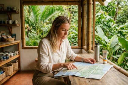 Voyageuse consultant une carte dans un café local au Costa Rica, entourée de végétation tropicale luxuriante