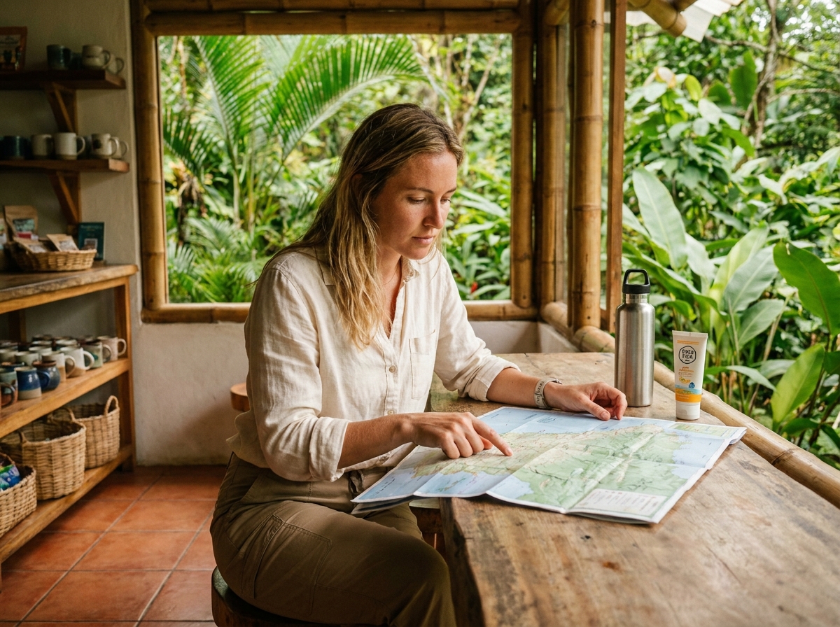 Voyageuse consultant une carte dans un café local au Costa Rica, entourée de végétation tropicale luxuriante