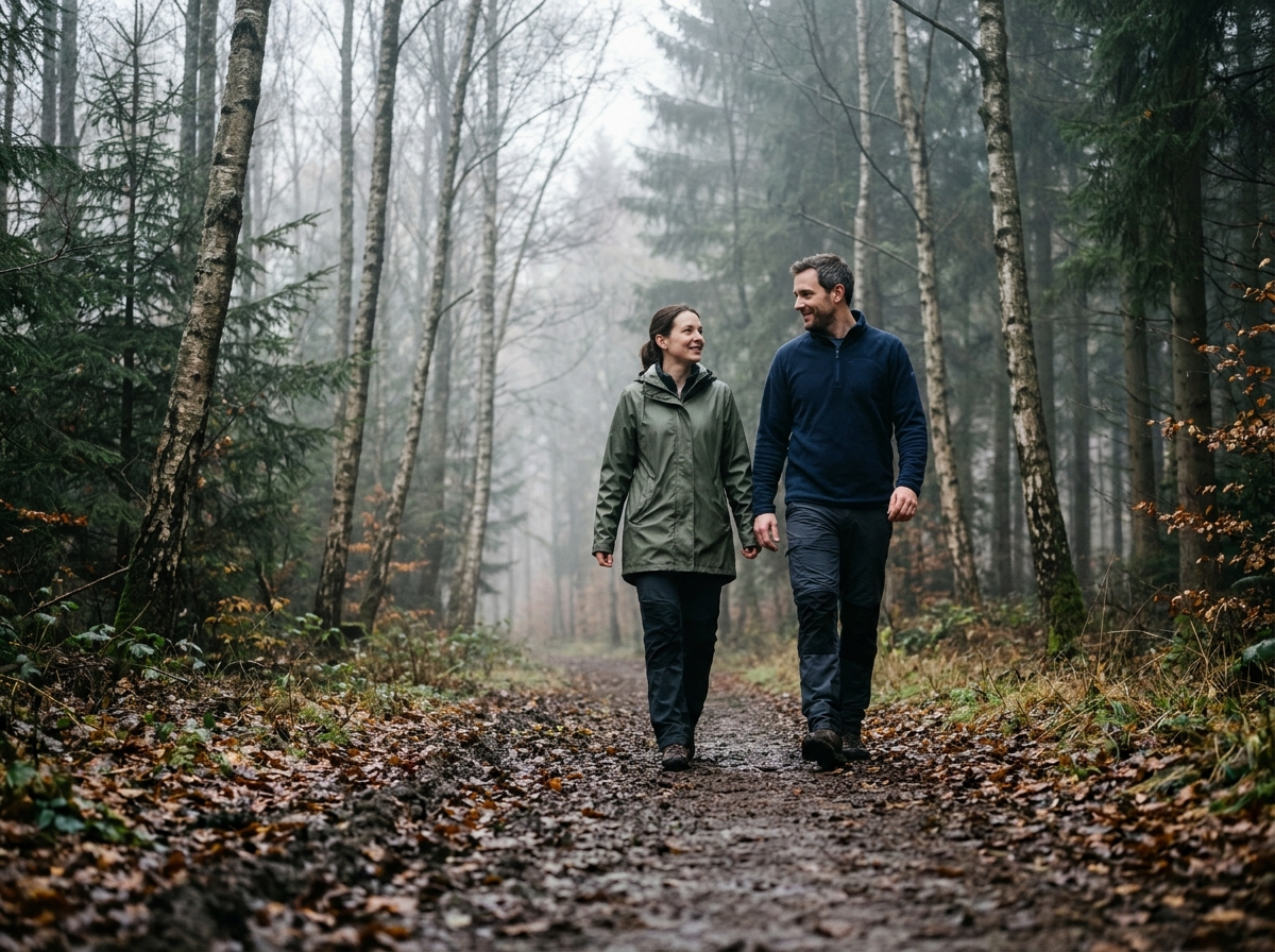 Couple en randonnée sur un sentier forestier brumeux en Ardenne belge à l'automne