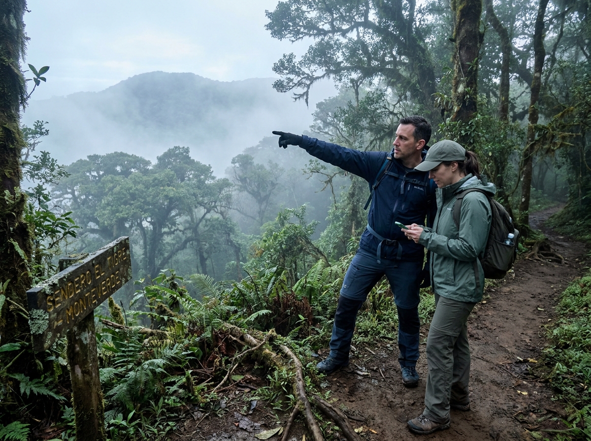 Couple de randonneurs explorant un sentier de forêt nuageuse à Monteverde au Costa Rica