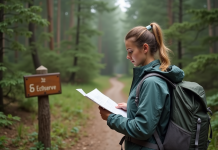 Jeune femme en randonnée dans la forêt avec carte