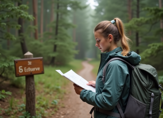 Jeune femme en randonnée dans la forêt avec carte