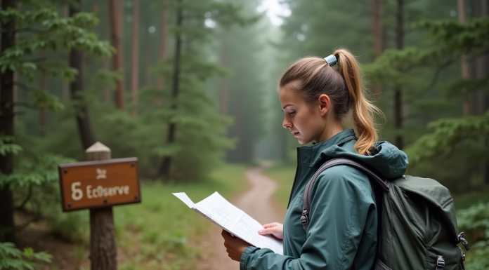Jeune femme en randonnée dans la forêt avec carte