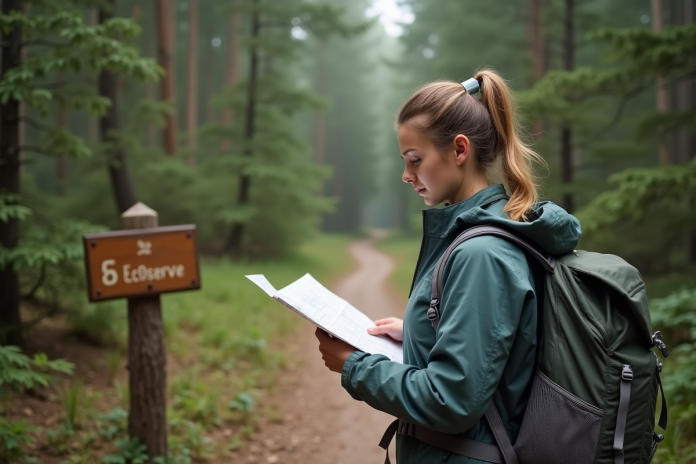 randonnee-nature-femme-foret Jeune femme en randonnée dans la forêt avec carte