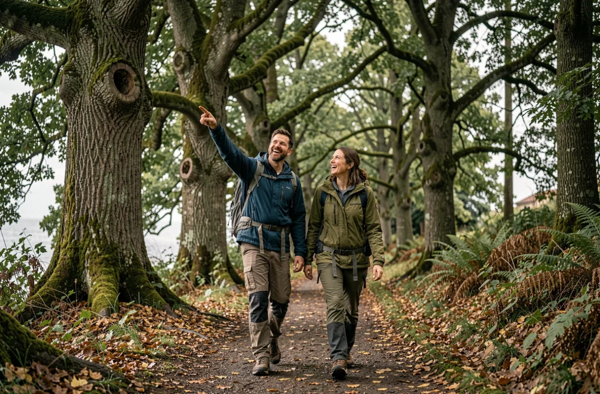 Couple en randonnée dans les sentiers boisés de Phoenix Park à Dublin en automne