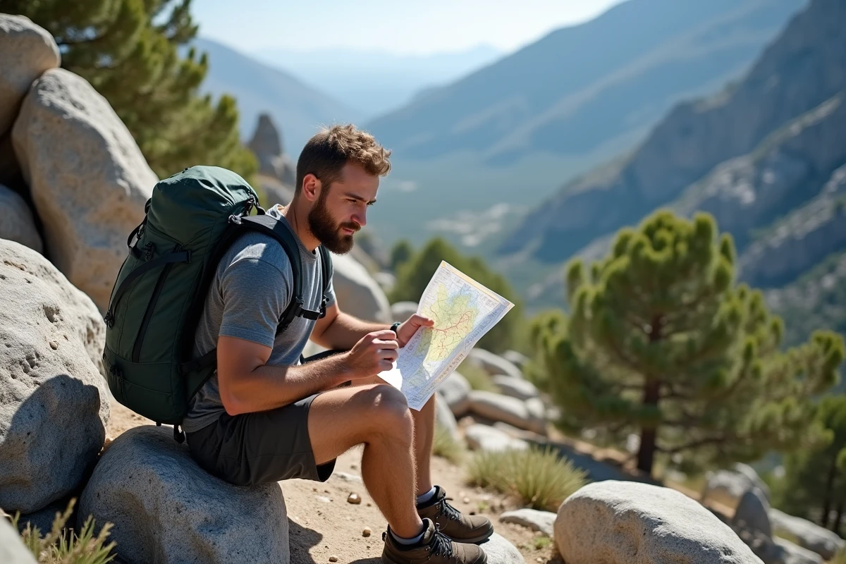 Randonneur expérimenté consultant une carte topographique sur le GR20 pendant une pause en montagne corse