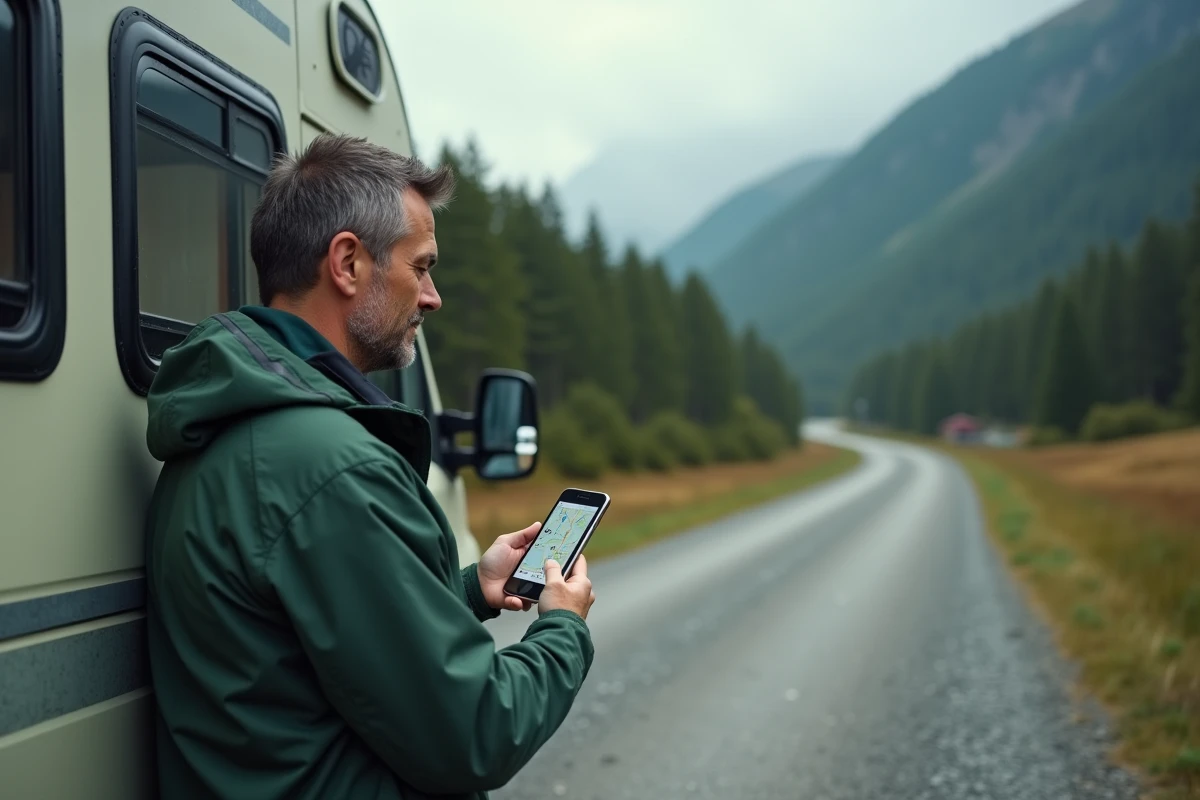 Randonneur consultant l'application Mamppy pour paramétrer un itinéraire adapté à son camping-car en montagne