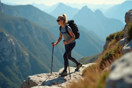 Randonneuse expérimentée traversant une arête rocheuse du GR20 en Corse avec des bâtons de trekking