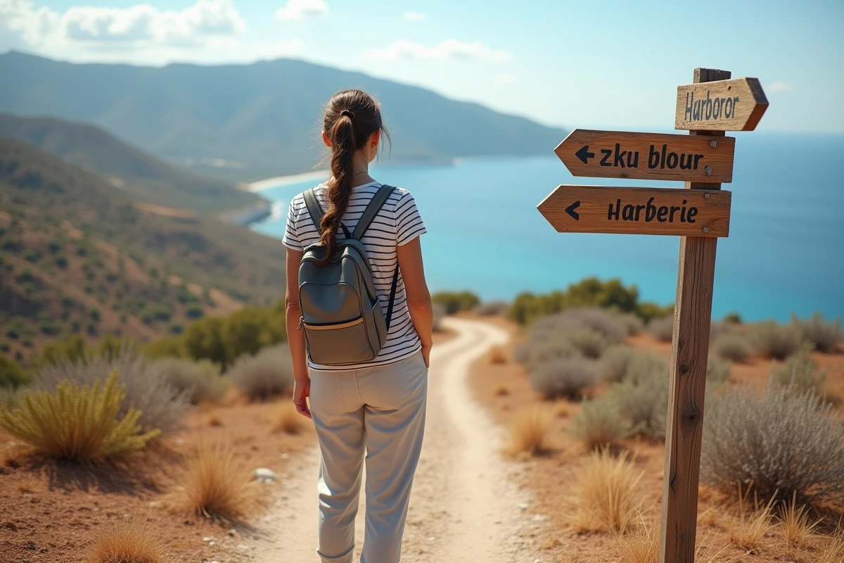 Femme voyageant seule sur un sentier côtier à Kythira en Grèce, devant un panneau en bois indiquant les plages et le port