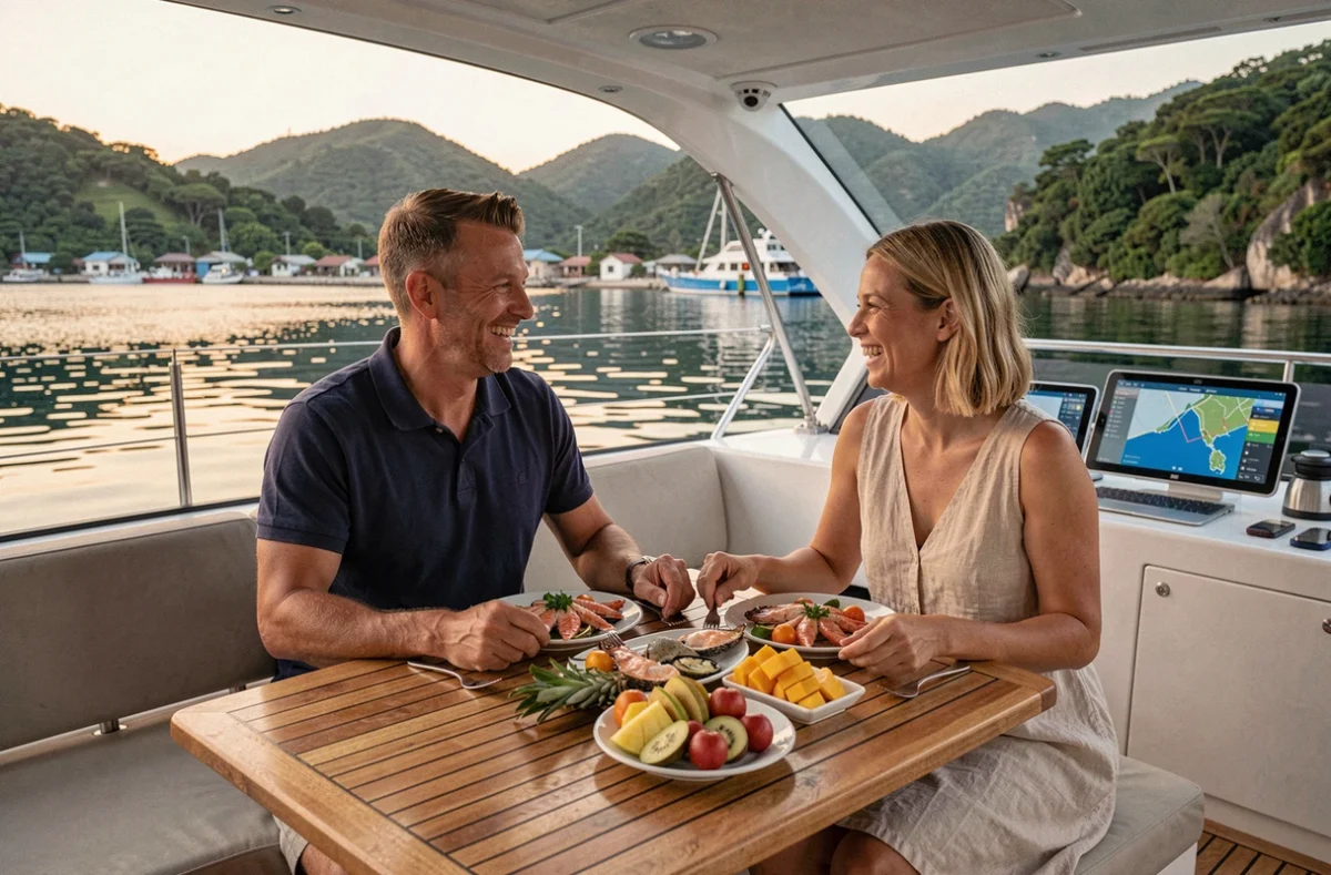 Couple dînant dans le cockpit d'un catamaran ancré dans une baie des Seychelles au coucher du soleil avec fruits de mer et carte de navigation