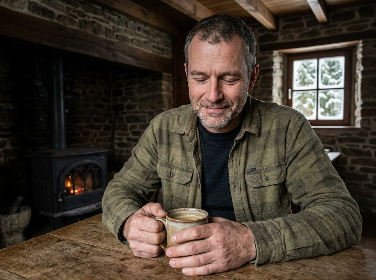 Homme se reposant avec un café dans un gîte en pierre typique de l'Ardenne belge