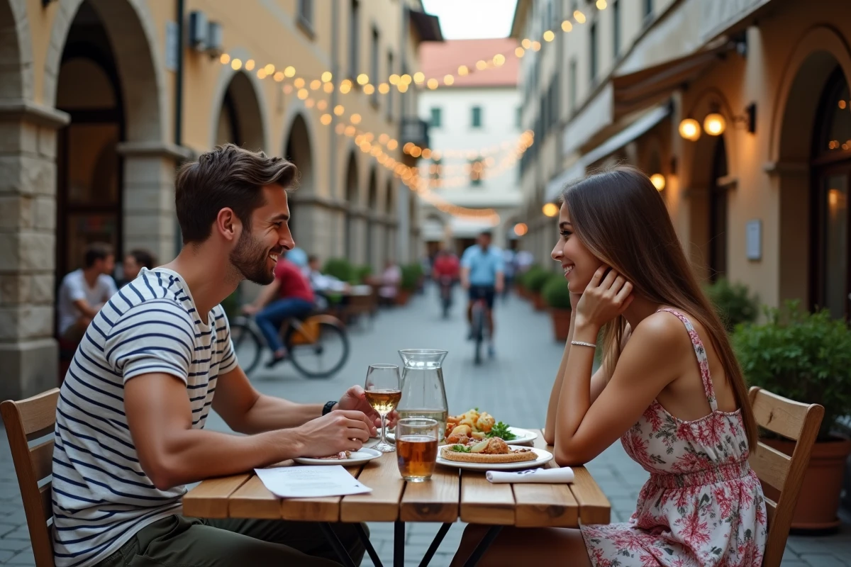 Couple dînant en terrasse dans un restaurant typique du vieux centre de Ljubljana en Slovénie
