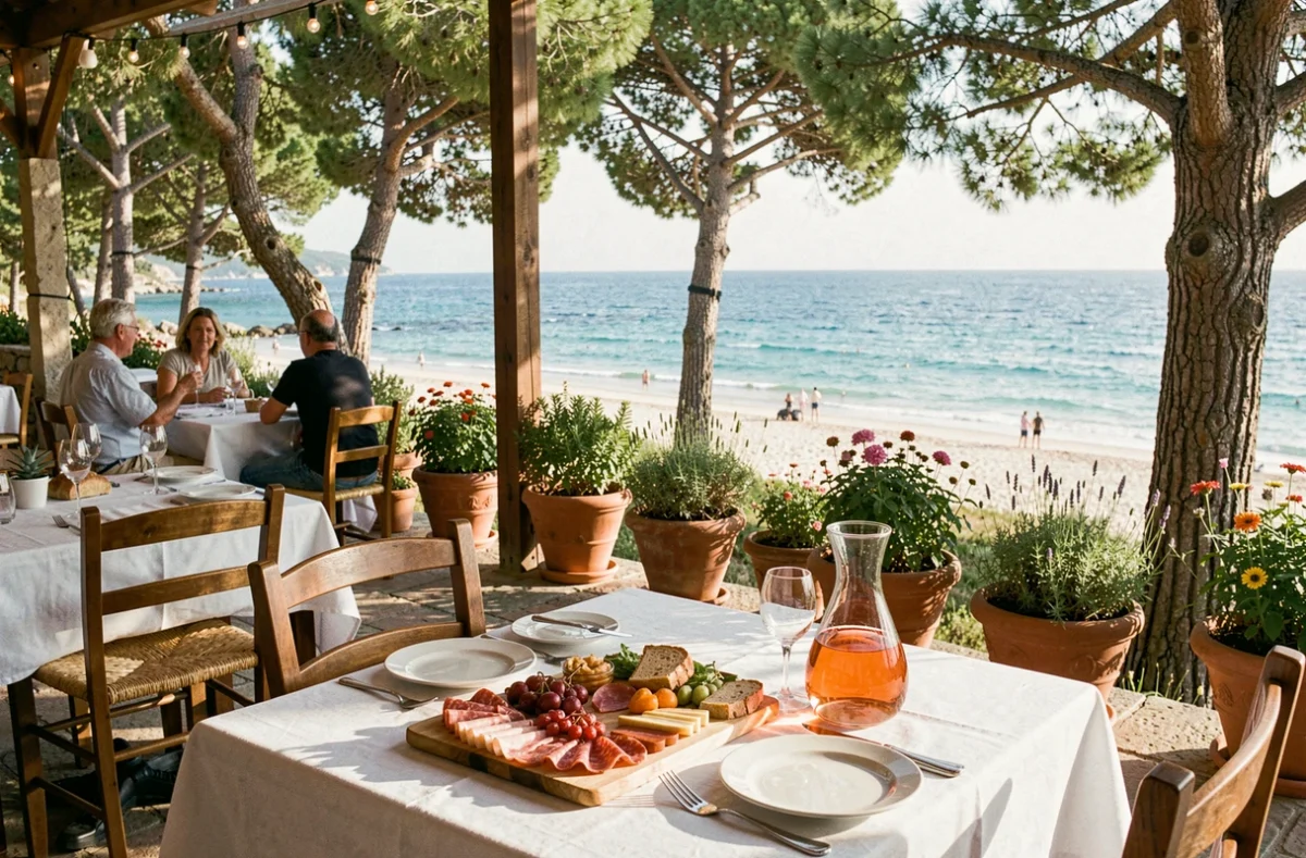 Terrasse de restaurant typique près de la plage de Fautea avec vue sur la mer et spécialités corses