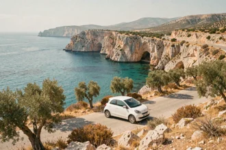 Route côtière sinueuse de Karpathos avec une voiture de location garée face à une baie turquoise et des falaises calcaires