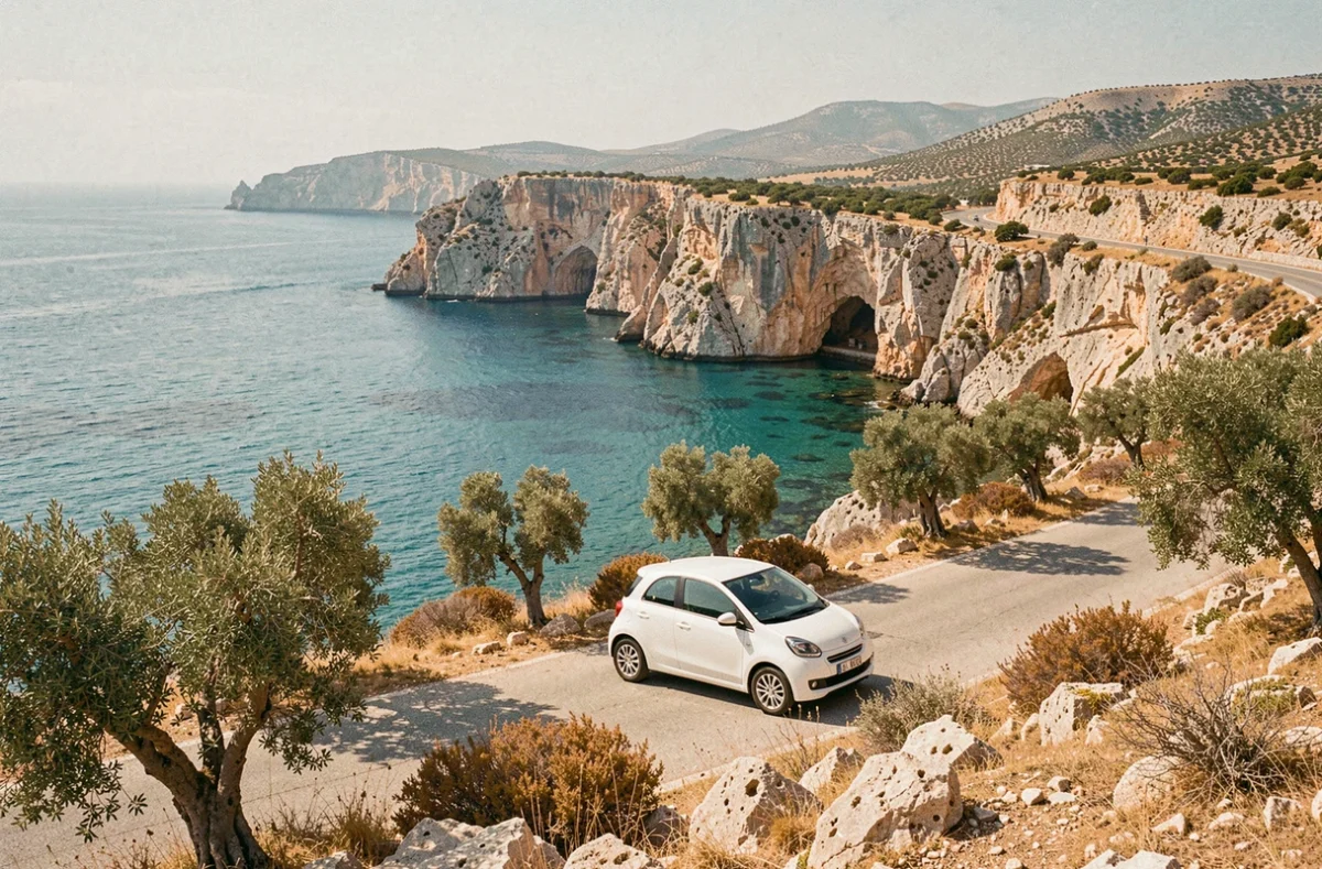 Route côtière sinueuse de Karpathos avec une voiture de location garée face à une baie turquoise et des falaises calcaires