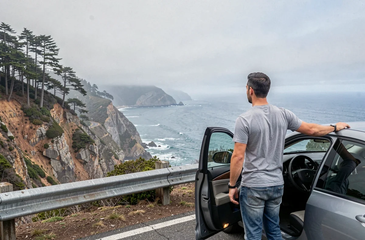 Homme en roadtrip sur la Pacific Coast Highway observant le panorama côtier californien entre Los Angeles et San Francisco près de Big Sur