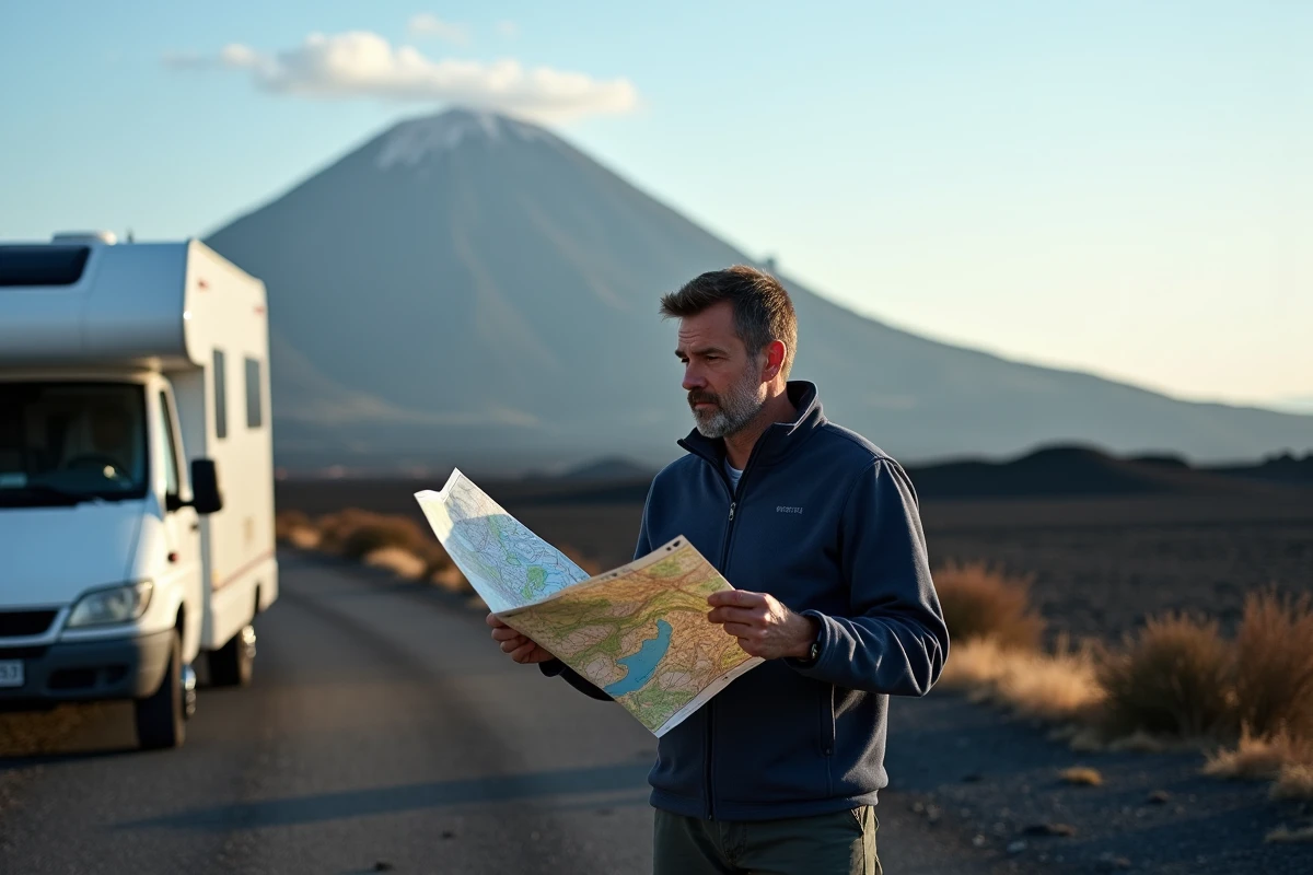 Voyageur consultant un atlas routier des volcans italiens devant le mont Etna lors d'un road trip en Sicile